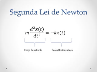 Segunda Lei de Newton

       𝑑 2 𝑥(𝑡)
     𝑚       2 = −𝑘𝑥(𝑡)
          𝑑𝑡

   Força Resultante   Força Restauradora
 