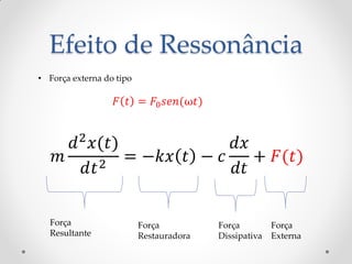 Efeito de Ressonância
• Força externa do tipo

                   𝐹 𝑡 = 𝐹0 𝑠𝑒𝑛(ω𝑡)


      𝑑 2 𝑥(𝑡)             𝑑𝑥
    𝑚       2
               = −𝑘𝑥 𝑡 − 𝑐    + 𝐹(𝑡)
         𝑑𝑡                𝑑𝑡

  Força                   Força          Força         Força
  Resultante              Restauradora   Dissipativa   Externa
 