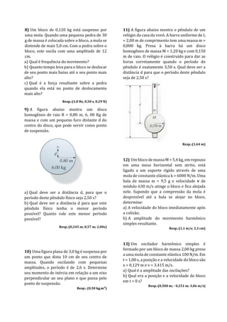 8) Um bloco de 0,120 kg está suspenso por
uma mola. Quando uma pequena pedra de 30
g de massa é colocada sobre o bloco, a mola se
distende de mais 5,0 cm. Com a pedra sobre o
bloco, este oscila com uma amplitude de 12
cm.
a) Qual é frequência do movimento?
b) Quanto tempo leva para o bloco se deslocar
de seu ponto mais baixo até o seu ponto mais
alto?
c) Qual é a força resultante sobre a pedra
quando ela está no ponto de deslocamento
mais alto?
Resp.:(1,0 Hz, 0,50 s, 0,29 N)
9) A figura abaixo mostra um disco
homogêneo de raio R = 0,80 m, 6, 00 Kg de
massa e com um pequeno furo distante d do
centro do disco, que pode servir como ponto
de suspensão.
a) Qual deve ser a distância d, para que o
período deste pêndulo físico seja 2,50 s?
b) Qual deve ser a distância d para que este
pêndulo físico tenha o menor período
possível? Quanto vale este menor período
possível?
Resp.:(0,245 m; 0,57 m; 2,00s)
10) Uma figura plana de 3,0 kg é suspensa por
um ponto que dista 10 cm de seu centro de
massa. Quando oscilando com pequenas
amplitudes, o período é de 2,6 s. Determine
seu momento de inércia em relação a um eixo
perpendicular ao seu plano e que passa pelo
ponto de suspensão.
Resp.: (0,50 kg.m²)
11) A figura abaixo mostra o pêndulo de um
relógio da casa da vovó. A barra uniforme de L
= 2,00 m de comprimento tem uma massa m =
0,800 kg. Presa à barra há um disco
homogêneo de massa M = 1,20 kg e com 0,150
m de raio. O relógio é construído para dar as
horas corretamente quando o período do
pêndulo é exatamente 3,50 s. Qual deve ser a
distância d para que o período deste pêndulo
seja de 2,50 s?
Resp.:(1,64 m)
12) Um bloco de massa M = 5,4 kg, em repouso
em uma mesa horizontal sem atrito, está
ligado a um suporte rígido através de uma
mola de constante elástica k = 6000 N/m. Uma
bala de massa m = 9,5 g e velocidade v de
módulo 630 m/s atinge o bloco e fica alojada
nele. Supondo que a compressão da mola é
desprezível até a bala se alojar no bloco,
determine:
a) A velocidade do bloco imediatamente após
a colisão;
b) A amplitude do movimento harmônico
simples resultante.
Resp.:(1,1 m/s; 3,3 cm)
13) Um oscilador harmônico simples é
formado por um bloco de massa 2,00 kg preso
a uma mola de constante elástica 100 N/m. Em
t = 1,00 s, a posição e a velocidade do bloco são
x = 0,129 m e v = 3,415 m/s.
a) Qual é a amplitude das oscilações?
b) Qual era a posição e a velocidade do bloco
em t = 0 s?
Resp.:(0,500 m; - 0,251 m; 3,06 m/s)
 