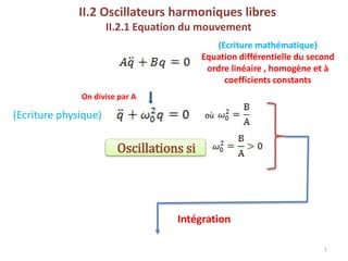 II.2 Oscillateurs harmoniques libres
II.2.1 Equation du mouvement
Oscillations si
Intégration
1
(Ecriture mathématique)
Equation différentielle du second
ordre linéaire , homogène et à
coefficients constants
On divise par A
(Ecriture physique) où
 
