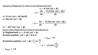 Expressions of displacement (x),velocity(v) and acceleration(a) at timet
𝒙 = 𝑨 𝒔𝒊𝒏 𝝎𝒕 + 𝝓
∴ 𝒗 =
𝒅𝒙
𝒅𝒕
=
𝒅 [𝑨 𝐬𝐢𝐧 𝝎𝒕 + 𝝓 ]
𝒅𝒕
v = 𝑨 𝒄𝒐𝒔 (𝝎𝒕 + 𝝓).(w+0)
v = Aw cos (𝝎𝒕 + 𝝓)
∴ 𝒂 =
𝒅𝒗
𝒅𝒕
=
𝒅 [𝑨𝒘 𝐜𝐨𝐬 𝝎𝒕 + 𝝓 ]
𝒅𝒕
a = −𝑨𝒘𝟐
𝐬𝐢𝐧 𝝎𝒕 + 𝝓
Extreme values of displacement (x), velocity(v) and acceleration(a):
1) Displacement: 𝒙 = 𝑨 𝒔𝒊𝒏 (𝝎𝒕 + 𝝓)
At mean position, (𝝎𝒕 + 𝝓) = 0 or 𝝅
∴ 𝒙𝒎𝒊𝒏 = 𝟎
At extreme position, (𝝎𝒕 + 𝝓) =
𝝅
𝟐
𝒐𝒓
𝟑𝝅
𝟐
∴ 𝒙 = ±𝑨 𝒔𝒊𝒏
𝝅
𝟐
∴ 𝒙𝒎𝒂𝒙 = ±𝑨
 