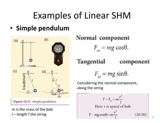 Examples of Linear SHM
• Simple pendulum
Considering the normal component,
along the string
72
m is the mass of the bob
l – length f the string
 