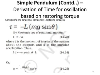 Simple Pendulum (Contd..) –
Derivation of Time for oscillation
based on restoring torque
75
Considering the tangential component , restoring torque is
 