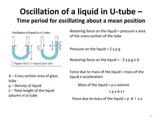 Oscillation of a liquid in U-tube –
Time period for oscillating about a mean position
77
Restoring force on the liquid = pressure x area
of the cross-section of the tube
Pressure on the liquid = 2 y ρ g
A – Cross section area of glass
tube
ρ – Density of liquid
L – Total length of the liquid
column in U-tube
Restoring force on the liquid = - 2 y ρ g x A
Force due to mass of the liquid = mass of the
liquid x acceleration
Mass of the liquid = ρ x volume
= ρ x A x l
Force due to mass of the liquid = ρ A l x a
 