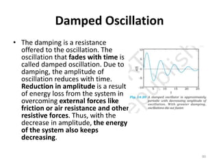 Damped Oscillation
• The damping is a resistance
offered to the oscillation. The
oscillation that fades with time is
called damped oscillation. Due to
damping, the amplitude of
oscillation reduces with time.
Reduction in amplitude is a result
of energy loss from the system in
overcoming external forces like
friction or air resistance and other
resistive forces. Thus, with the
decrease in amplitude, the energy
of the system also keeps
decreasing.
80
 