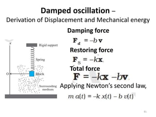 Damped oscillation –
Derivation of Displacement and Mechanical energy
81
Damping force
Restoring force
Total force
Applying Newton’s second law,
 