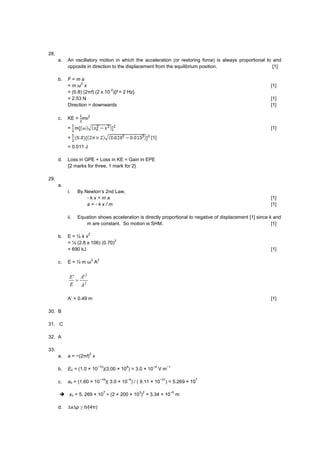 28.
a. An oscillatory motion in which the acceleration (or restoring force) is always proportional to and
opposite in direction to the displacement from the equilibrium position. [1]
b. F = m a
= m ω
2
x [1]
= (0.8) (2πf) (2 x 10
-2
){f = 2 Hz}
= 2.53 N [1]
Direction = downwards [1]
c. KE = mv
2
= [1]
= [1]
= 0.011 J
d. Loss in GPE + Loss in KE = Gain in EPE
{2 marks for three, 1 mark for 2}
29.
a.
i. By Newton’s 2nd Law,
- k x = m a [1]
a = - k x / m [1]
ii. Equation shows acceleration is directly proportional to negative of displacement [1] since k and
m are constant. So motion is SHM. [1]
b. E = ½ k x
2
= ½ (2.8 x 106) (0.70)
2
= 690 kJ [1]
c. E = ½ m ω
2
A
2
2
2
''
A
A
E
E

A’ = 0.49 m [1]
30. B
31. C
32. A
33.
a. a = −(2πf)
2
x
b. Eo = (1.0 × 10
−12
)(3.00 × 10
8
) = 3.0 × 10
−4
V m
−1
c. ao = (1.60 × 10
−19
)( 3.0 × 10
−4
) / ( 9.11 × 10
−31
) = 5.269 × 10
7
 xo = 5. 269 × 10
7
÷ (2 × 200 × 10
3
)
2
= 3.34 × 10
−5
m
d. ∆x∆p ≥ h/(4π)
 