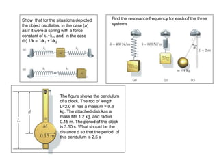 Show that for the situations depicted
the object oscillates, in the case (a)
as if it were a spring with a force
constant of k1+k2, and, in the case
(b) 1/k = 1/k1 +1/k2
The figure shows the pendulum
of a clock. The rod of length
L=2.0 m has a mass m = 0.8
kg. The attached disk kas a
mass M= 1.2 kg, and radius
0.15 m. The period of the clock
is 3.50 s. What should be the
distance d so that the period of
this pendulum is 2.5 s
Find the resonance frequency for each of the three
systems
 