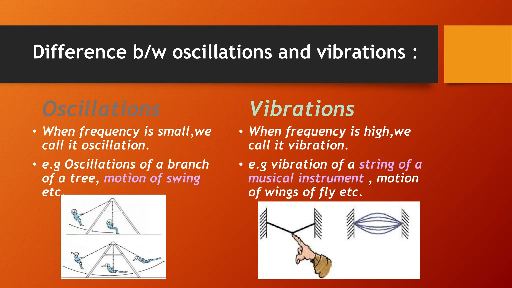 Difference b/w oscillations and vibrations :
Oscillations
• When frequency is small,we
call it oscillation.
• e.g Oscillations of a branch
of a tree, motion of swing
etc.
Vibrations
• When frequency is high,we
call it vibration.
• e.g vibration of a string of a
musical instrument , motion
of wings of fly etc.
 
