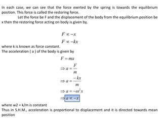 In each case, we can see that the force exerted by the spring is towards the equilibrium
position. This force is called the restoring force.
Let the force be F and the displacement of the body from the equilibrium position be
x then the restoring force acting on body is given by,
where k is known as force constant.
The acceleration ( a ) of the body is given by
where w2 = k/m is constant
Thus in S.H.M., acceleration is proportional to displacement and it is directed towards mean
position
kx
F
x
F




x
a
x
a
m
kx
a
m
F
a
ma
F












2

 