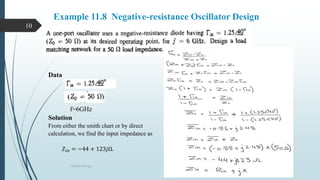 Example 11.8 Negative-resistance Oscillator Design
Oscillator Design
10
Data
f=6GHz
Solution
From either the smith chart or by direct
calculation, we find the input impedance as
𝑍𝑖𝑛 = −44 + 123𝑗Ω.
 