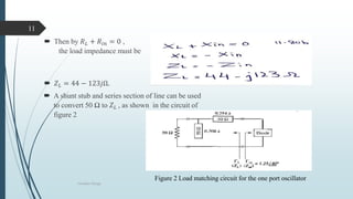  Then by 𝑅 𝐿 + 𝑅𝑖𝑛 = 0 ,
the load impedance must be
 𝑍 𝐿 = 44 − 123𝑗Ω.
 A shunt stub and series section of line can be used
to convert 50 Ω to 𝑍 𝐿 , as shown in the circuit of
figure 2
Oscillator Design
11
Figure 2 Load matching circuit for the one port oscillator
 
