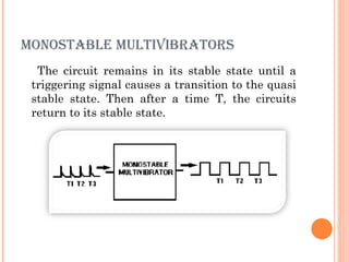 MONOSTABLE MULTIVIBRATORS
  The circuit remains in its stable state until a
 triggering signal causes a transition to the quasi
 stable state. Then after a time T, the circuits
 return to its stable state.
 