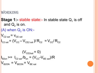 WORKING
Stage 1:- stable state:- In stable state Q1 is off
  and Q2 is on.
(A) when Q2 is ON:-
VC2 sat = vCE sat
IC2 sat = (VCC – VCE2 sat )/ RC2 = VCC/ RC2

                 (VCE2sat = 0)
IB2on >= IC2 sat /bon = (VCC-VBE sat)/R
VB2ON = VBEON = VBE sat
 