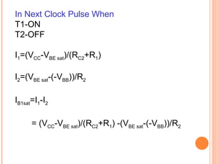 In Next Clock Pulse When
T1-ON
T2-OFF

I1=(VCC-VBE sat)/(RC2+R1)

I2=(VBE sat-(-VBB))/R2

IB1sat=I1-I2

      = (VCC-VBE sat)/(RC2+R1) -(VBE sat-(-VBB))/R2
 