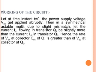 WORKING OF THE CIRCUIT:-
Let at time instant t=0, the power supply voltage
Vcc get applied abruptly. Then in a symmetrical
astable multi, due to slight mismatch, let the
current Ic1 flowing in transistor Q1 be slightly more
than the current Ic2 in transistor Q2. Hence the rate
of Vc1 at collector Cb1 of Q1 is greater than of Vc2 at
collector of Q2.
 