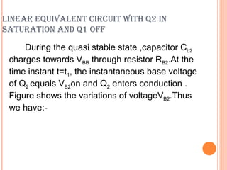 LINEAR EQUIVALENT CIRCUIT WITH Q2 IN
SATURATION AND Q1 OFF

     During the quasi stable state ,capacitor Cb2
 charges towards VBB through resistor RB2.At the
 time instant t=t1, the instantaneous base voltage
 of Q2 equals VB2on and Q2 enters conduction .
 Figure shows the variations of voltageVB2.Thus
 we have:-
 