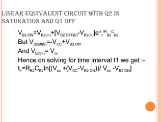 LINEAR EQUIVALENT CIRCUIT WITH Q2 IN
SATURATION AND Q1 OFF
    VB2 ON=VB2(∞)+[VB2 OFF(0)-VB2(∞)]e-t1/RB2CB2
    But VB2off(0)=-VCC+VB2 ON
    And VB2(∞)= Vcc
    Hence on solving for time interval t1 we get :-
    t1=RB2CB2In[(Vcc +(VCC-VB2 ON))/ Vcc -VB2 ON]
 