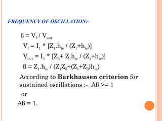 FREQUENCY OF OSCILLATION:-

    β = Vf / Vout
     Vf = I1 * [Z1.hie / (Z1+hie)]
     Vout = I1 * [Z3+ Z1hie / (Z1+hie)]
     β = Z1.hie / (Z1Z3+(Z1+Z3)hie)
   According to Barkhausen criterion for
   sustained oscillations :- Aβ >= 1
    or
   Aβ = 1.
 