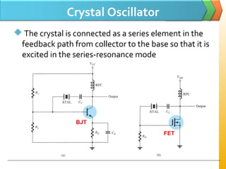 Crystal Oscillator
 The crystal is connected as a series element in the
feedback path from collector to the base so that it is
excited in the series-resonance mode
BJT
FET
 