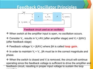 Feedback Oscillator Principles
 When switch at the amplifier input is open, no oscillation occurs.
 Consider Vi,, results in Vo=AVi (after amplifier stage) and Vf = β(AVi)
(after feedback stage)
 Feedback voltage Vf = β(AVi) where βA is called loop gain.
 In order to maintain Vf = Vi , βA must be in the correct magnitude and
phase.
 When the switch is closed and Vi is removed, the circuit will continue
operating since the feedback voltage is sufficient to drive the amplifier and
feedback circuit, resulting in proper input voltage to sustain the loop
Feedback circuit used as an oscillator
 