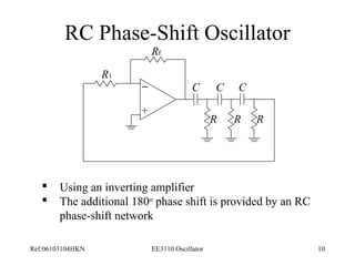 RC Phase-Shift Oscillator 
- 
+ 
Rf 
R1 
C C C 
R R R 
 Using an inverting amplifier 
 The additional 180o phase shift is provided by an RC 
phase-shift network 
Ref:06103104HKN EE3110 Oscillator 10 
 