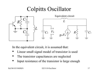 Colpitts Oscillator 
R 
C1 
C2 
L 
Equivalent circuit 
+ 
- 
Vp 
L 
C2 R C1 
gmVp 
In the equivalent circuit, it is assumed that: 
 Linear small signal model of transistor is used 
 The transistor capacitances are neglected 
 Input resistance of the transistor is large enough 
Ref:06103104HKN EE3110 Oscillator 17 
 
