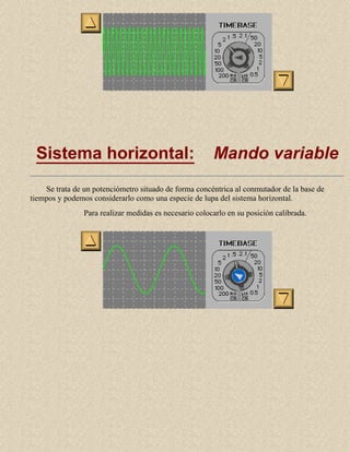 Sistema horizontal:

Mando variable

Se trata de un potenciómetro situado de forma concéntrica al conmutador de la base de
tiempos y podemos considerarlo como una especie de lupa del sistema horizontal.
Para realizar medidas es necesario colocarlo en su posición calibrada.

 