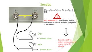 Sondas
Este osciloscopio tiene dos canales: CH1 y
CH2.

!
MUY IMPORTANTE: las masas de ambos
canales están unidas, es decir, comparten
la misma masa.

MASA
Terminal Activo
MASA
Terminal Activo

Los dos cocodrilos
deben conectarse en el
mismo punto del
circuito

 
