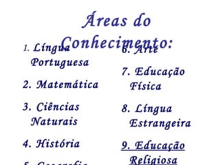 Áreas do 
1. LínguCa onhecimento: 
Portuguesa 
2. Matemática 
3. Ciências 
Naturais 
4. História 
5. Geografia 
6. Arte 
7. Educação 
Física 
8. Língua 
Estrangeira 
9. Educação 
Religiosa 
 