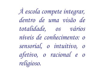 À escola compete integrar, 
dentro de uma visão de 
totalidade, os vários 
níveis de conhecimento: o 
sensorial, o intuitivo, o 
afetivo, o racional e o 
religioso. 
 