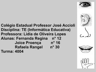 Colégio Estadual Professor José Accioli Disciplina: TE (Informática Educativa) Professora: Lidia de Oliveira Lopes Alunas: Fernanda Regina  n° 12    Joice Proença  n° 16   Rafaela Rangel  n° 30 Turma: 4004 