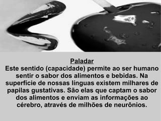 Paladar Este sentido (capacidade) permite ao ser humano sentir o sabor dos alimentos e bebidas. Na superfície de nossas línguas existem milhares de papilas gustativas. São elas que captam o sabor dos alimentos e enviam as informações ao cérebro, através de milhões de neurônios. 