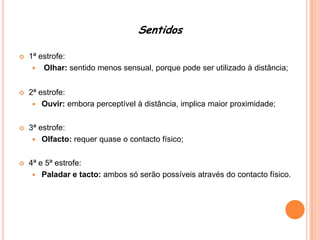 Sentidos1ª estrofe:Olhar: sentido menos sensual, porque pode ser utilizado à distância;2ª estrofe:Ouvir: embora perceptível à distância, implica maior proximidade;3ª estrofe:Olfacto: requer quase o contacto físico;4ª e 5ª estrofe:Paladar e tacto: ambos só serão possíveis através do contacto físico.