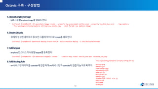 (virtenv) [root@test5 ~]# openstack image create --property hw_scsi_model=virtio-scsi --property hw_disk_bus=scsi --tag amphora
--file packages/octavia/amphora-x64-haproxy-ubuntu.raw --disk-format raw amphora-image
(virtenv) [root@test5 openstack-deploy-train-test]# kolla-ansible deploy -i /etc/kolla/multinode
(virtenv) [root@test5 ~]# openstack keypair create --public-key /root/.ssh/id_rsa.pub octavia_ssh_key
/etc/sysconfig/network-scripts/ifcfg-br-ex
DEVICE=br0
ONBOOT=yes
TYPE=OVSBridge
BOOTPROTO=none
NAME=br-ex
DEVICE=br-ex
ONBOOT=yes
IPADDR=외부 서비스 n/w ip
PREFIX=24
MTU=9000
VLAN=yes
13
 