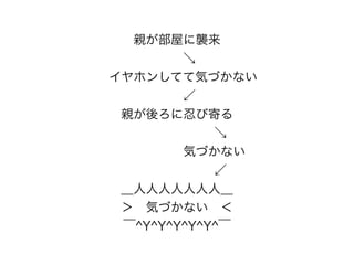 親が部屋に襲来
  ↘
 イヤホンしてて気づかない
  ↙
親が後ろに忍び寄る
       ↘
      気づかない
       ↙
＿人人人人人人人＿
＞ 気づかない ＜
￣^Y^Y^Y^Y^Y^￣
 