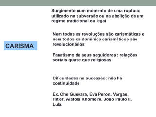 CARISMA
Surgimento num momento de uma ruptura:
utilizado na subversão ou na abolição de um
regime tradicional ou legal
Nem todas as revoluções são carismáticas e
nem todos os domínios carismáticos são
revolucionários
Fanatismo de seus seguidores : relações
sociais quase que religiosas.
Dificuldades na sucessão: não há
continuidade
Ex. Che Guevara, Eva Peron, Vargas,
Hitler, Aiatolá Khomeini. João Paulo II,
Lula.
 