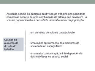 As causa sociais do aumento da divisão do trabalho nas sociedade
complexas decorre de uma combinação de fatores que envolvem : o
volume populacional e a densidade natural e moral da população
Causas do
aumento da
divisão do
trabalho
um aumento do volume da população
uma maior aproximação dos membros da
sociedade no espaço físico
uma maior comunicação e interdependência
dos indivíduos no espaço social
 