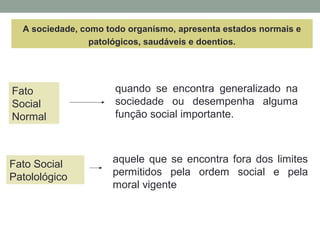 A sociedade, como todo organismo, apresenta estados normais e
patológicos, saudáveis e doentios.
Fato
Social
Normal
quando se encontra generalizado na
sociedade ou desempenha alguma
função social importante.
Fato Social
Patolológico
aquele que se encontra fora dos limites
permitidos pela ordem social e pela
moral vigente
 