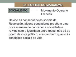 2.1 FONTES DO MARXISMO2.1 FONTES DO MARXISMO
SOCIALISMO Movimento Operário
Francês
Devido as conseqüências sociais da
Revolução, alguns pensadores propõem uma
nova maneira de conceber a sociedade e
reivindicam a igualdade entre todos, não só do
ponto de vista político, mas também quanto às
condições sociais de vida
 