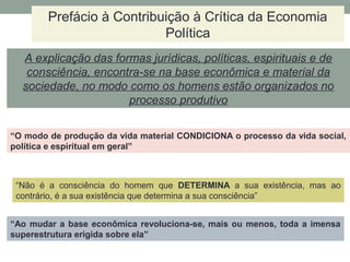 “O modo de produção da vida material CONDICIONA o processo da vida social,
política e espiritual em geral”
“Não é a consciência do homem que DETERMINA a sua existência, mas ao
contrário, é a sua existência que determina a sua consciência”
“Ao mudar a base econômica revoluciona-se, mais ou menos, toda a imensa
superestrutura erigida sobre ela”
Prefácio à Contribuição à Crítica da Economia
Política
A explicação das formas jurídicas, políticas, espirituais e de
consciência, encontra-se na base econômica e material da
sociedade, no modo como os homens estão organizados no
processo produtivo
 