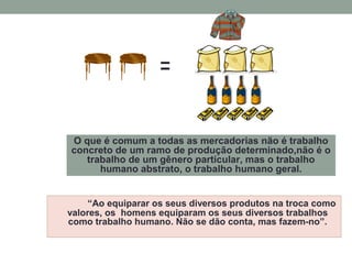 “Ao equiparar os seus diversos produtos na troca como
valores, os homens equiparam os seus diversos trabalhos
como trabalho humano. Não se dão conta, mas fazem-no”.
O que é comum a todas as mercadorias não é trabalho
concreto de um ramo de produção determinado,não é o
trabalho de um gênero particular, mas o trabalho
humano abstrato, o trabalho humano geral.
 