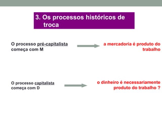 O processo pré-capitalista
começa com M
a mercadoria é produto do
trabalho
O processo capitalista
começa com D
o dinheiro é necessariamente
produto do trabalho ?
3. Os processos históricos de
troca
 