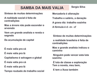 Síntese de muitas determinações
A realidade social é feita de
contradições
Mas a árvore não pode esconder o
arvoredo
Vem um grande analista e revela o
segredo
Da acumulação de capital
É mais valia pra cá
É mais valia pra lá
Capitalismo é selvagem e global
É mais valia pra cá
É mais valia pra lá
Tempo roubado do trabalho social
Mercadoria é alienação
Trabalho e salário, a danação
A grana diz: trabalho sozinha
A fórmula é d –m - d’
Síntese de muitas determinações
a realidade brasileira é feita de
contradições
Mas o grande analista indicou o
caminho
Ninguém pode vencer esta luta
sozinho
É luta de classe e exploração
Tem a novela, meu bem,
E tem a Xuxa também
SAMBA DA MAIS VALIA Sergio Silva
 