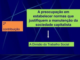 2ª
contribuição
A preocupação em
estabelecer normas que
justifiquem a manutenção da
sociedade capitalista
A Divisão do Trabalho Social
 