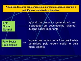 A sociedade, como todo organismo, apresenta estados normais e
patológicos, saudáveis e doentios.
Fato
Social
Normal
quando se encontra generalizado na
sociedade ou desempenha alguma
função social importante.
Fato Social
Patolológico
aquele que se encontra fora dos limites
permitidos pela ordem social e pela
moral vigente
 
