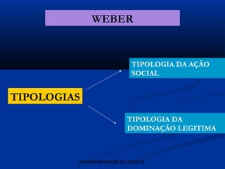WEBER


                           TIPOLOGIA DA AÇÃO
                           SOCIAL


TIPOLOGIAS
                         TIPOLOGIA DA
                         DOMINAÇÃO LEGITIMA



         arnaldolemos@uol.com.br
 