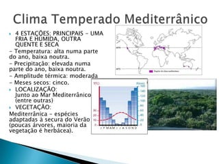  4 ESTAÇÕES; PRINCIPAIS - UMA
FRIA E HÚMIDA, OUTRA
QUENTE E SECA
- Temperatura: alta numa parte
do ano, baixa noutra.
- Precipitação: elevada numa
parte do ano, baixa noutra.
- Amplitude térmica: moderada
- Meses secos: cinco.
 LOCALIZAÇÃO:
Junto ao Mar Mediterrânico
(entre outras)
 VEGETAÇÃO:
Mediterrânica - espécies
adaptadas à secura do Verão
(poucas árvores, maioria da
vegetação é herbácea).
 