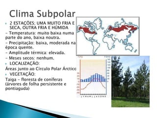  2 ESTAÇÕES; UMA MUITO FRIA E
SECA, OUTRA FRIA E HÚMIDA
- Temperatura: muito baixa numa
parte do ano, baixa noutra.
- Precipitação: baixa, moderada na
época quente.
- Amplitude térmica: elevada.
- Meses secos: nenhum.
 LOCALIZAÇÃO:
Áreas junto ao Círculo Polar Árctico
 VEGETAÇÃO:
Taiga - floresta de coníferas
(árvores de folha persistente e
pontiaguda)
 