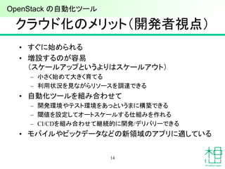 クラウド化のメリット（開発者視点）
• すぐに始められる
• 増設するのが容易
（スケールアップというよりはスケールアウト）
– 小さく始めて大きく育てる
– 利用状況を見ながらリソースを調達できる
• 自動化ツールを組み合わせて
– 開発環境やテスト環境をあっというまに構築できる
– 閾値を設定してオートスケールする仕組みを作れる
– CI/CDを組み合わせて継続的に開発/デリバリーできる
• モバイルやビックデータなどの新領域のアプリに適している
14
OpenStack の自動化ツール
 